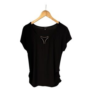 Women’s Short Sleeve Black Gold Hardware Side Ruching Top Size Small By A.U.W.